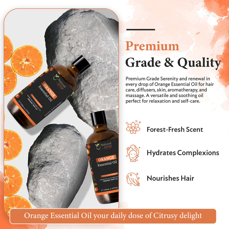 Natural Way Orange Essential oil | Pure Aromatherapy Oil for Diffusers, Hair Growth, Skin, Scalp Care, Massage | Refreshing Hair Oil for Women & Men | Organic Essential Oil for Diffuser | 4 Fl Oz (120 mL)